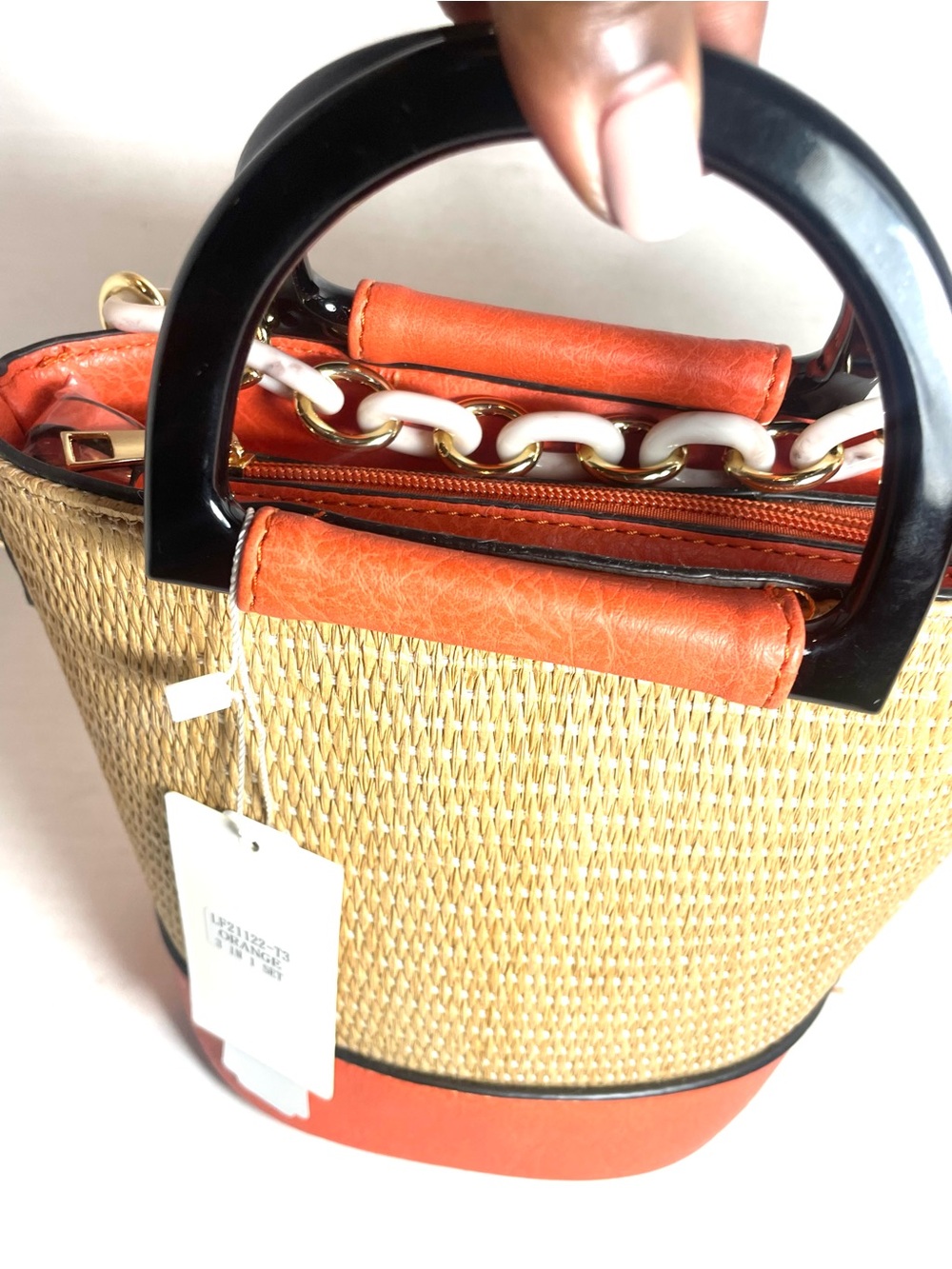 NWT Straw Tote Handbag Orange Vegan Leather Crossbody 3-Piece Set - Picture 12 of 12